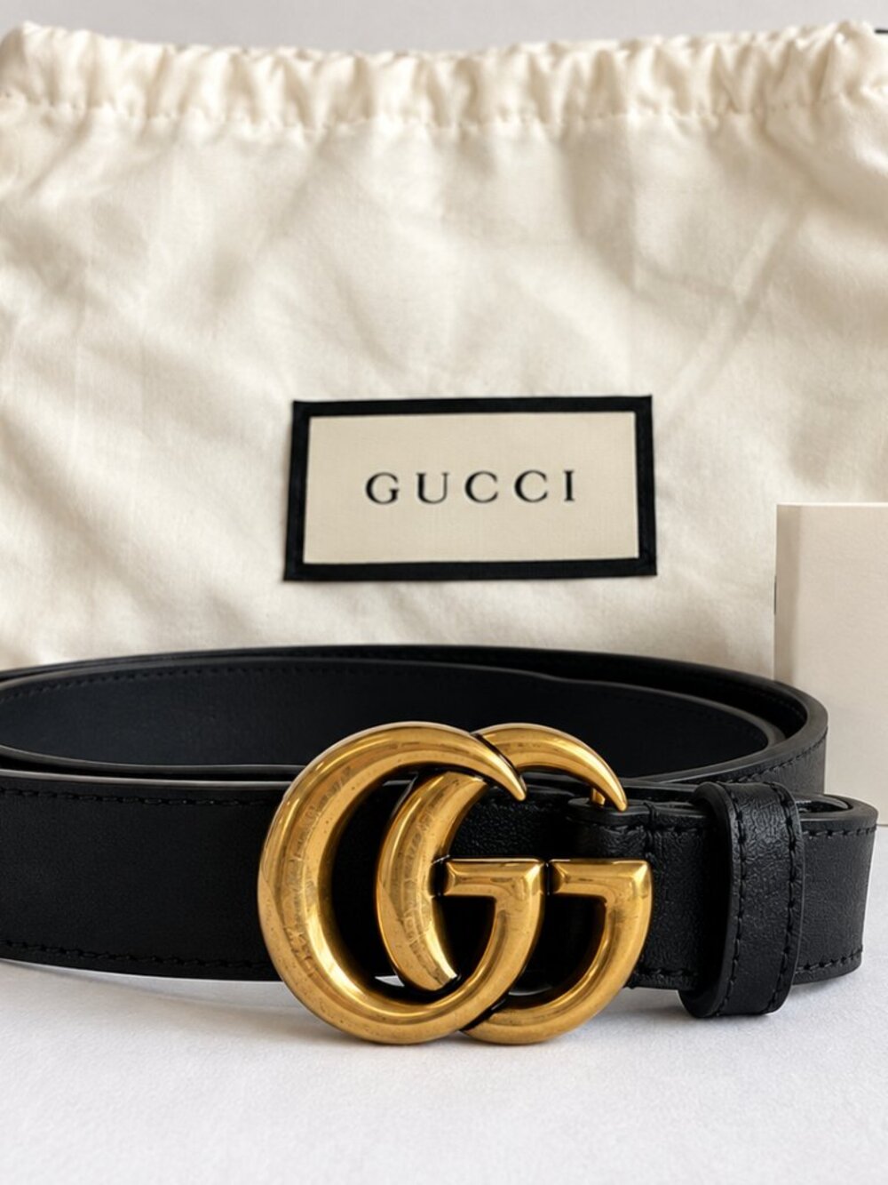 Gucci GG Marmont Thin Leather Belt Black Gold Size 80/32